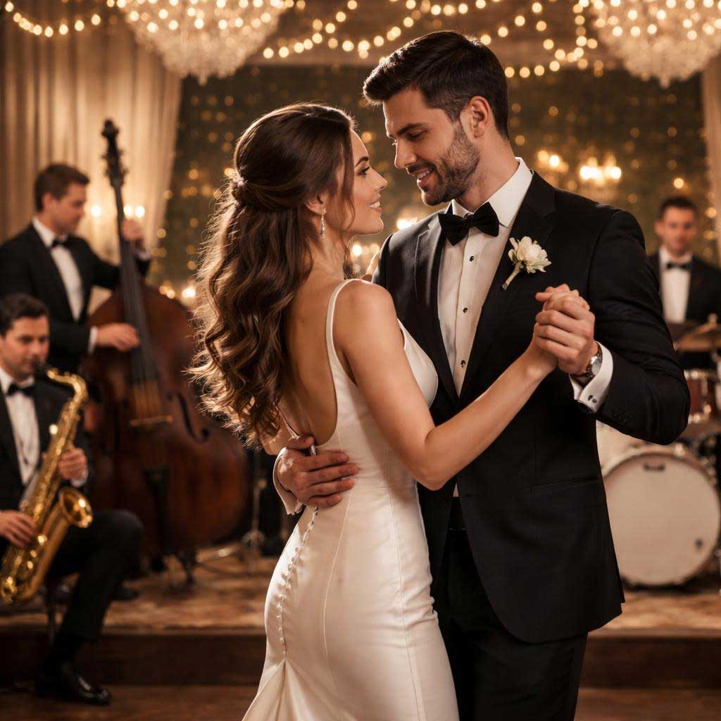Bride and Groom Dancing to Music Provided by Jazz Band for Cocktail Hour