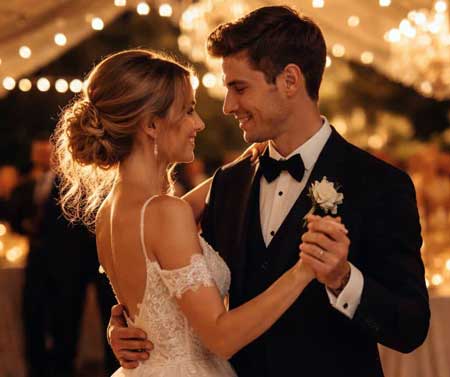 Bride and Groom Dancing to a Live Band from Wedding Music Bands
