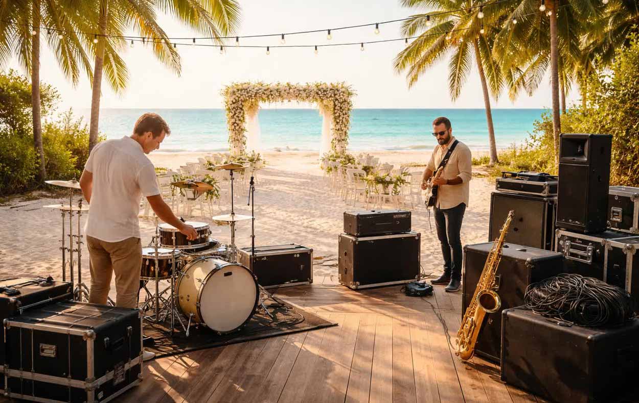 A Band Setting Up Sound Production Equipment