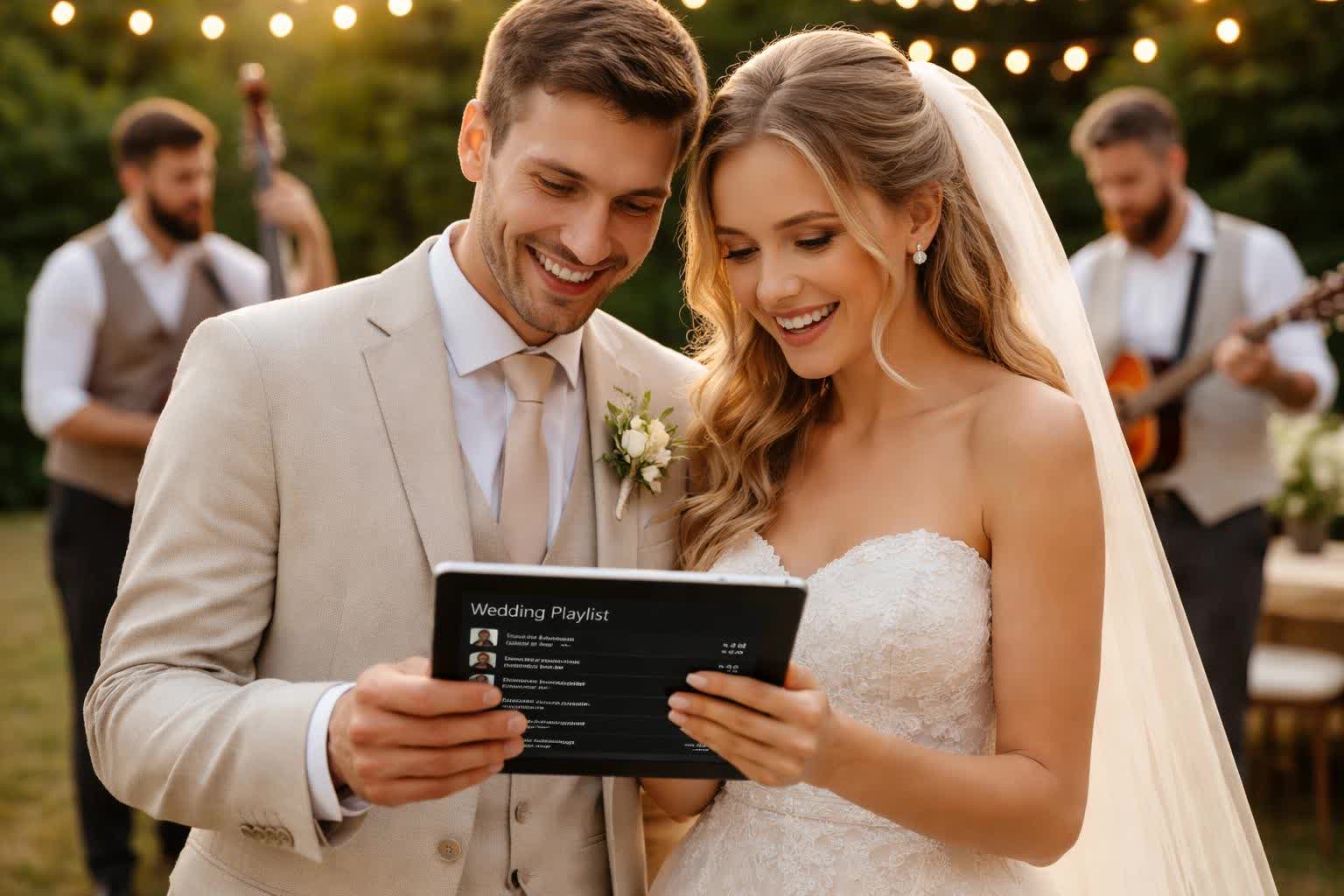 A bride and groom looking at a tablet playlist with wedding musicians playing behind them.