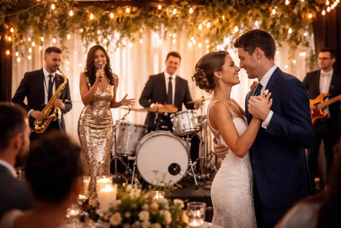A Wedding Couple Dancing to Music Provided by a Live Wedding Band