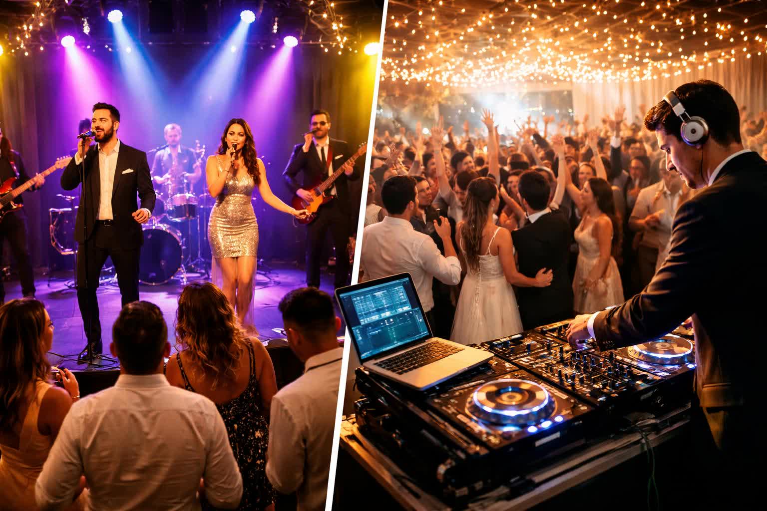 Live Wedding Band vs Dj in split scene.