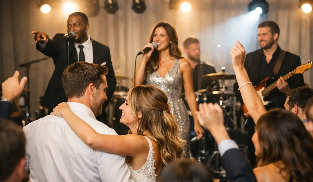 A Polished Wedding Reception Band and a Wedding Couple Dancing