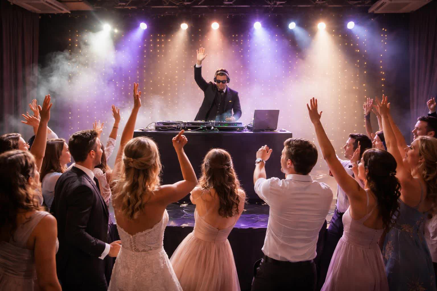 A wedding DJ on stage playing dance music with wedding guests dancing.
