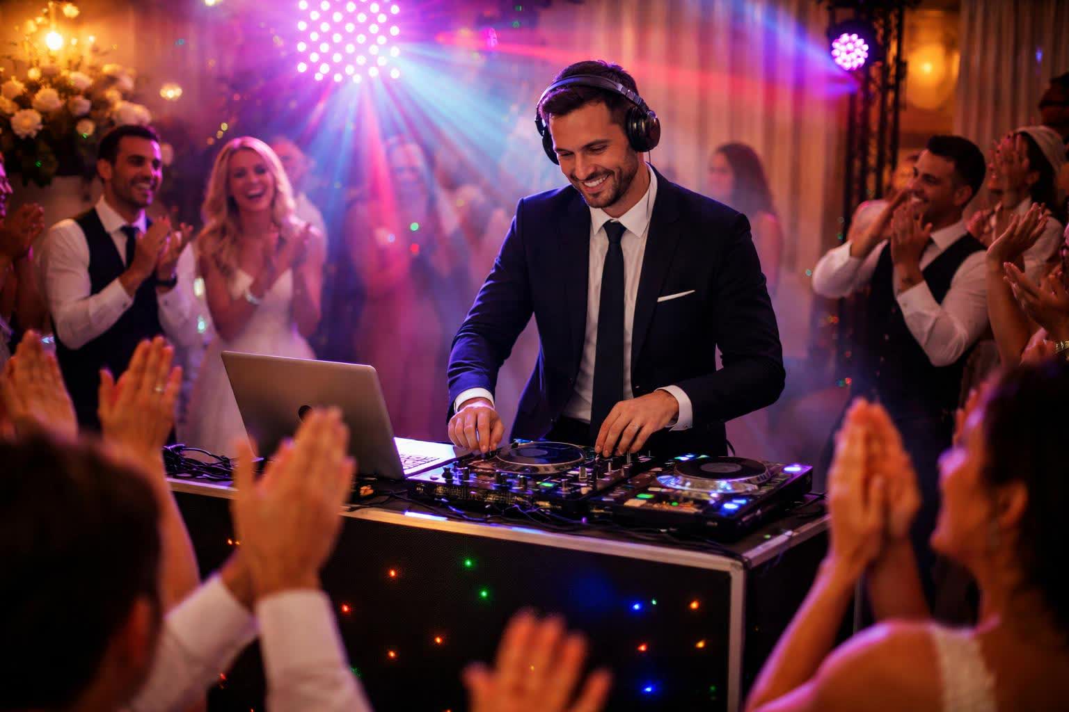 A wedding DJ at a booth with turntable, laptop, and colorful lights while wedding guests clap and dance.