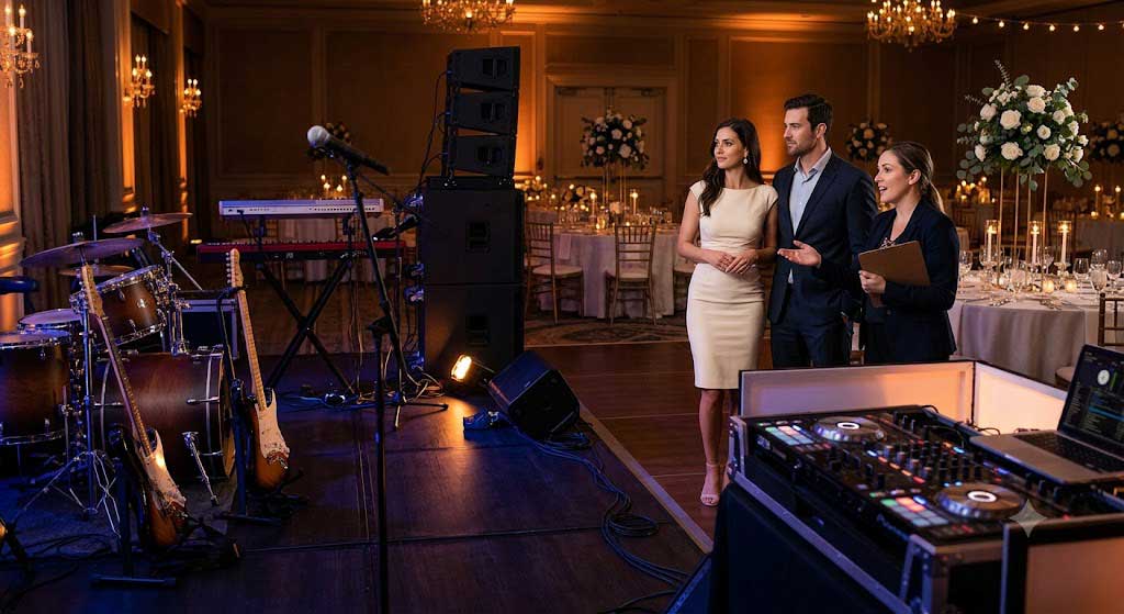 A Wedding Planner is Discussing the Music Timeline With a Bride and Groom