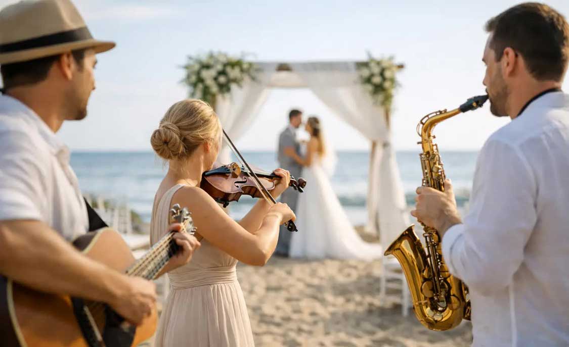 Destination Wedding Ceremony Musicians Perform at a Beach Wedding