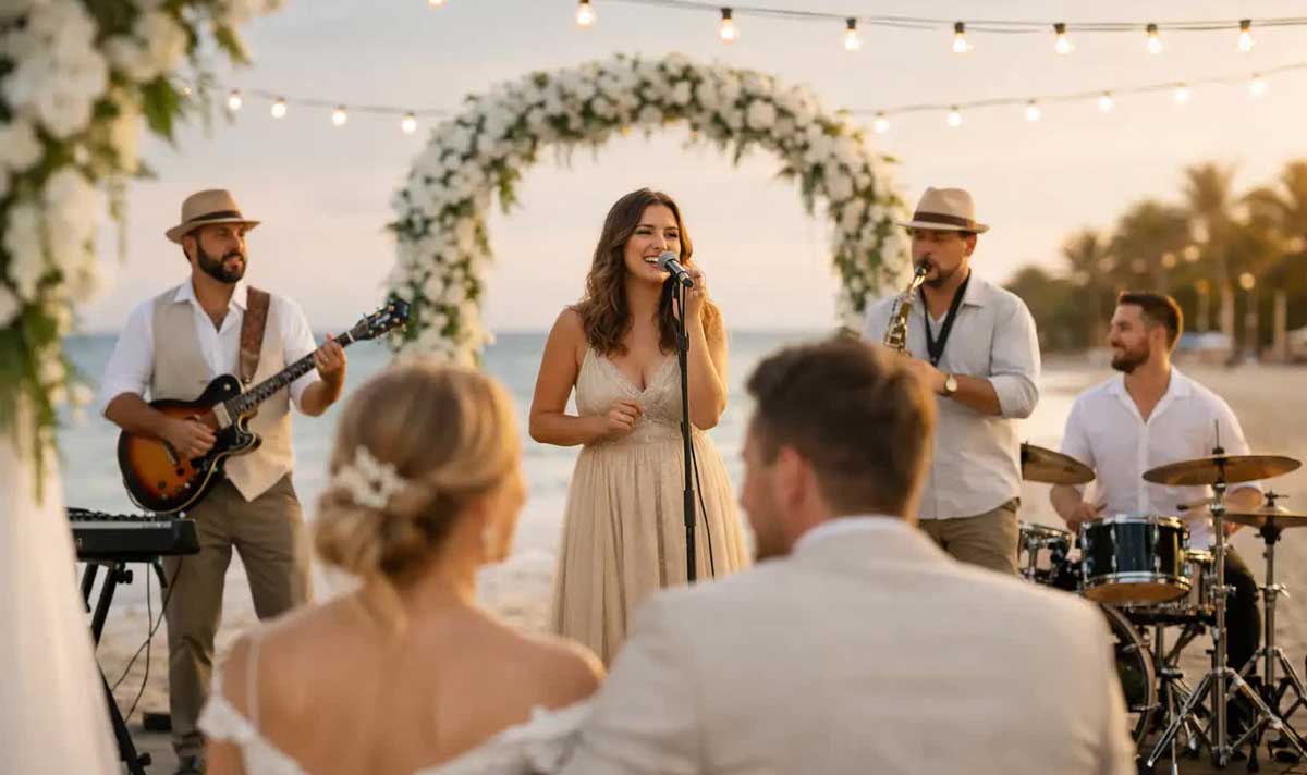 An Experienced Destination Wedding Band Performing on a Beach in Mexico