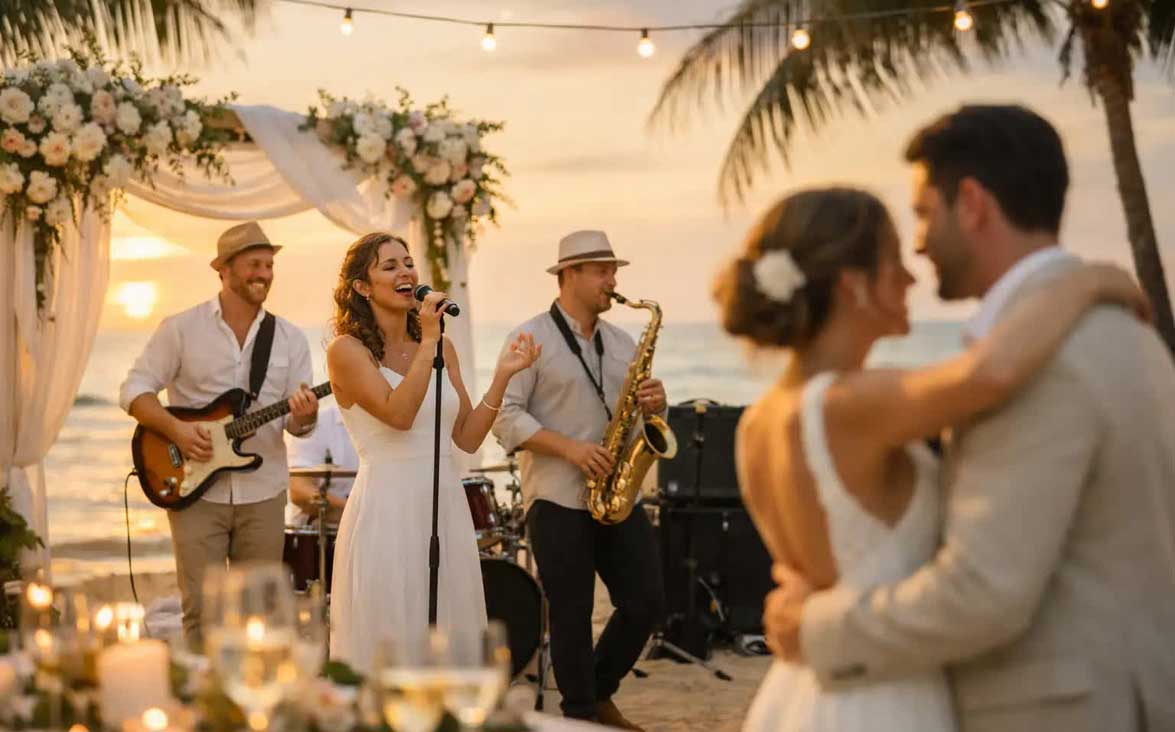 A Bride and Groom Dancing to the Music Provided by a Live Wedding Band at a Destination Resort